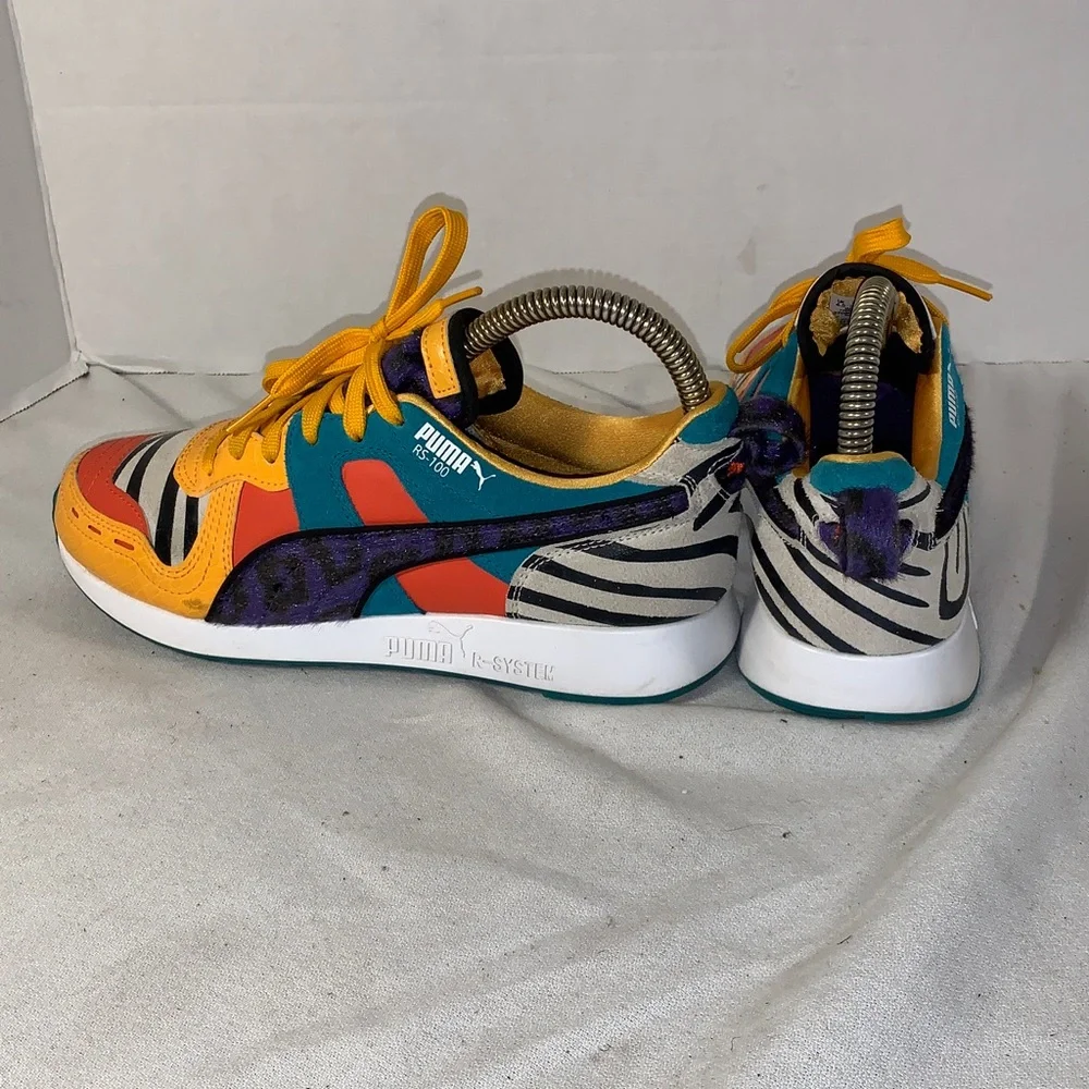 Puma Womens RS-100 ‘Zinnia’ Yellow, Teal, Orange & Zebra-Accent Low-Top Sneakers